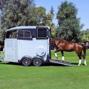 Ifor Williams HBX506 Horse Trailer With Horse walking in