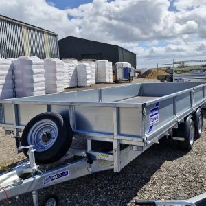 Ifor Williams LM1666 Flatbed Trailer with drop sides, twin axle, and spare wheel