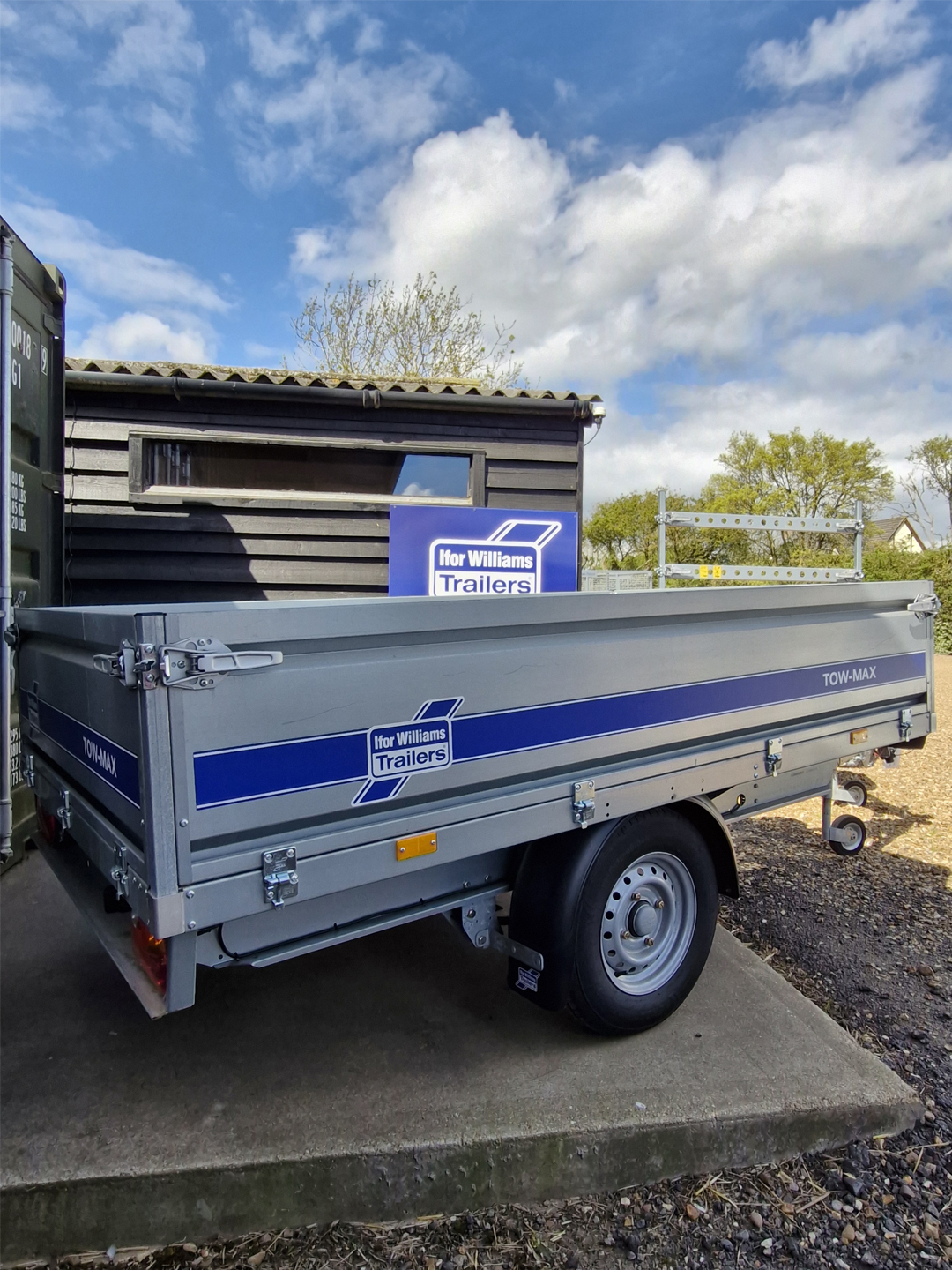 Ifor Williams TM141-2514 Tow-Max flatbed trailer with drop sides displayed outdoors