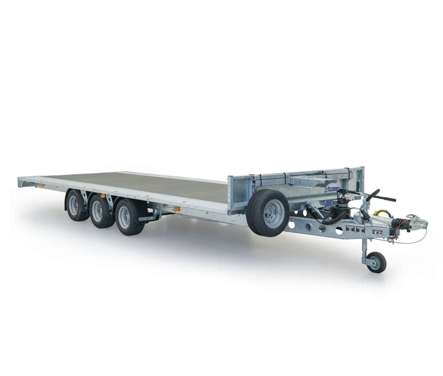 Ifor Williams Tiltbed trailer, front side view on white background